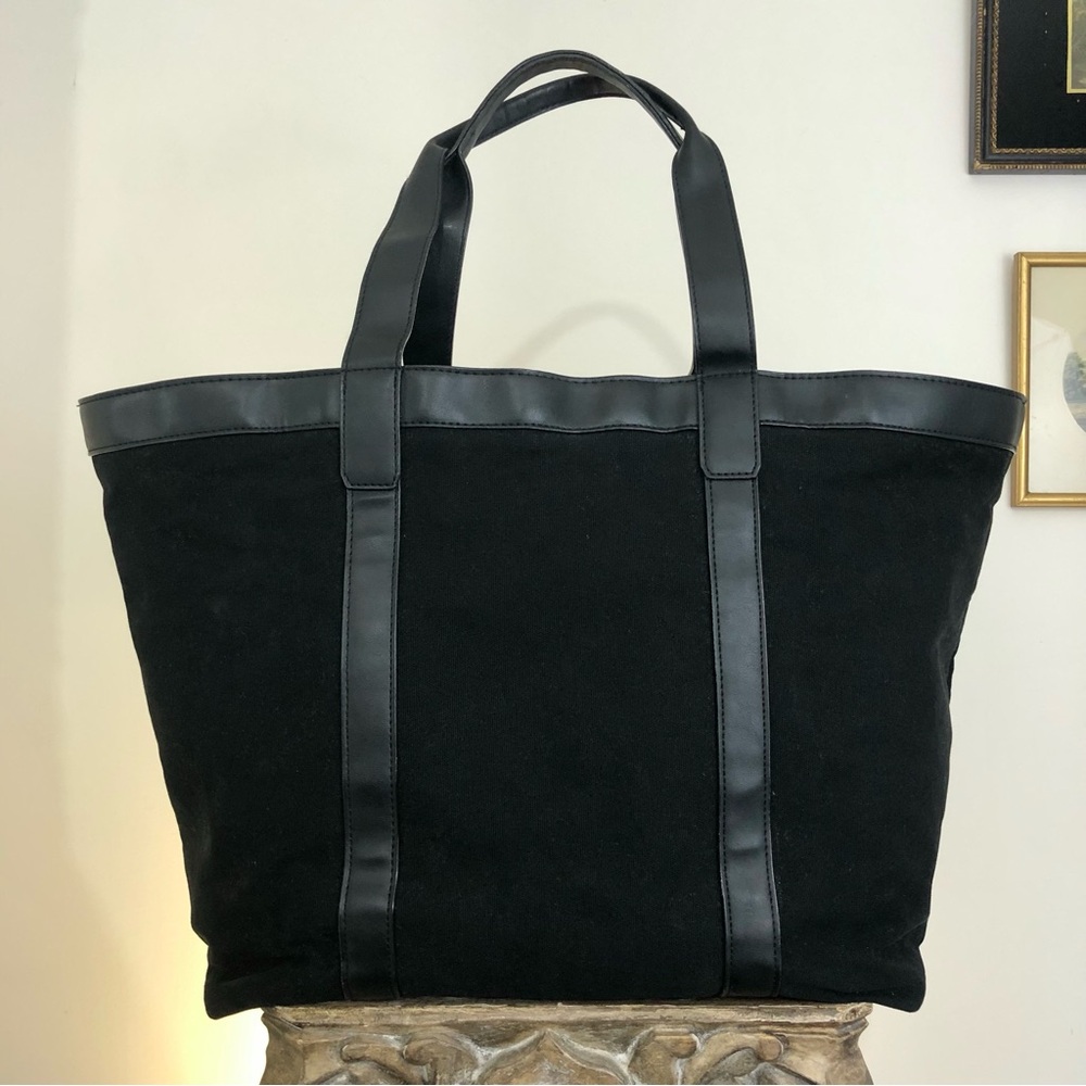Extra Large Victoria’s Secret Black VS Tote Bag Shoulder Gold Faux Leather - Picture 3 of 11